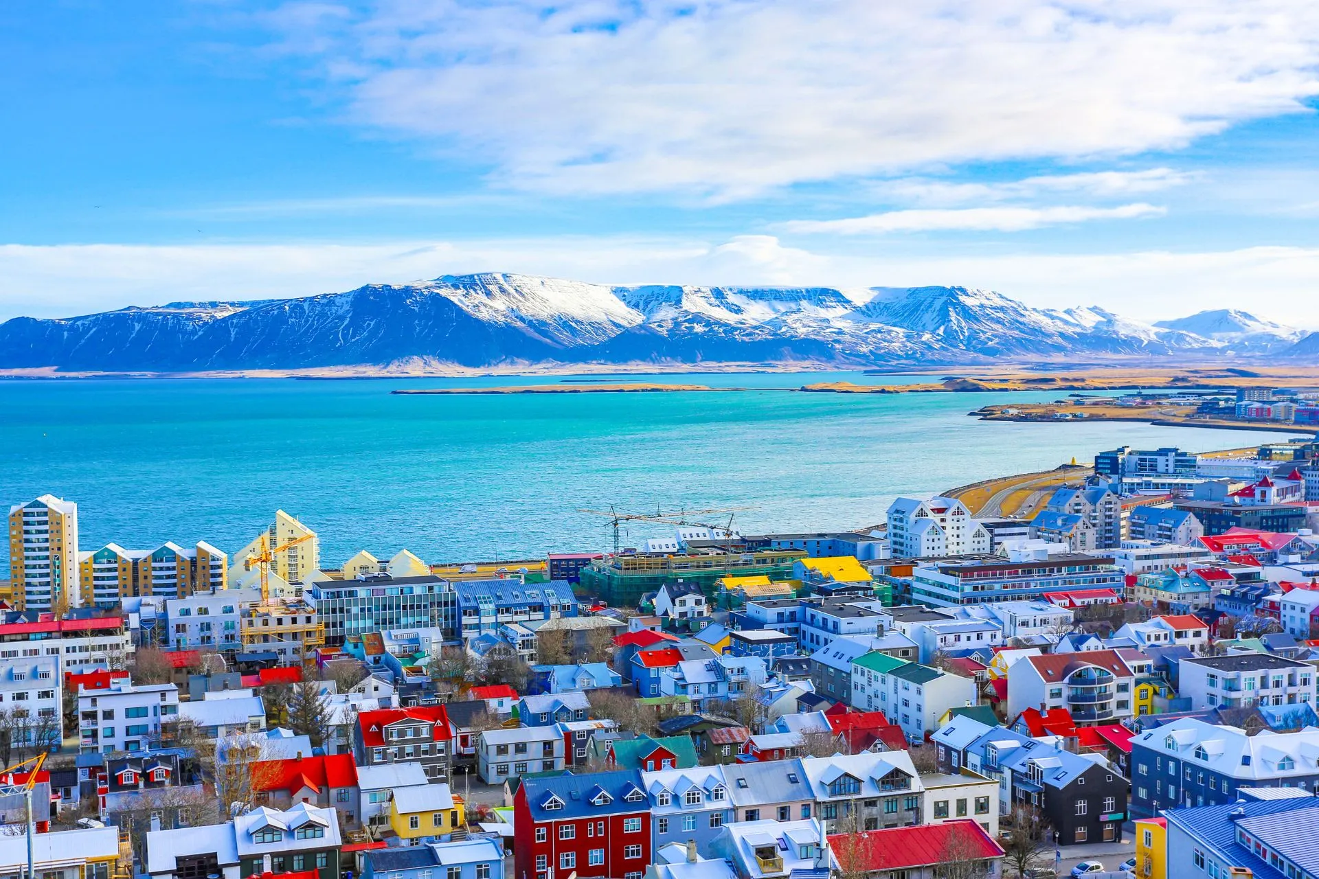 Panoramisch uitzicht op Reykjavik met kleurrijke huizen op de voorgrond, de blauwe zee en besneeuwde bergen op de achtergrond onder een heldere lucht.