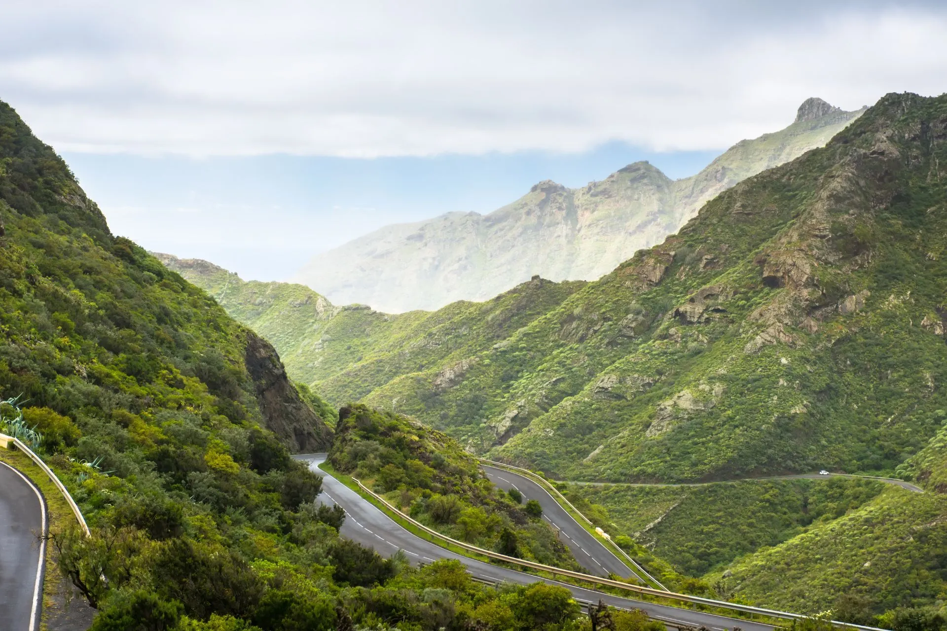 Groene berglandschappen en kronkelende wegen in Anaga, noorden van Tenerife – ideaal voor natuurwandelingen en rondreizen tijdens een Tenerife vakantie.