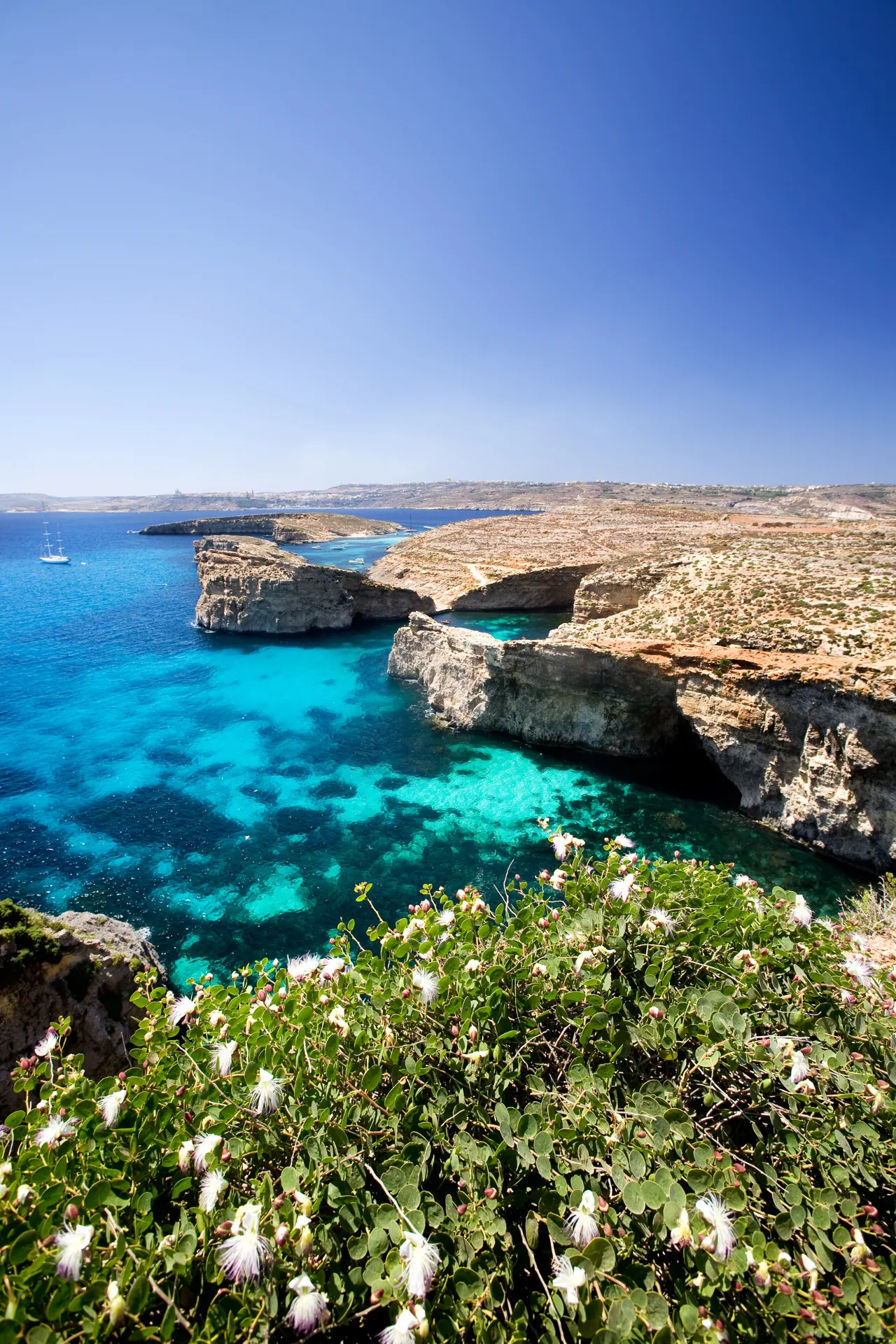 Uitzicht vanaf een klif op de helderblauwe zee van Malta.

