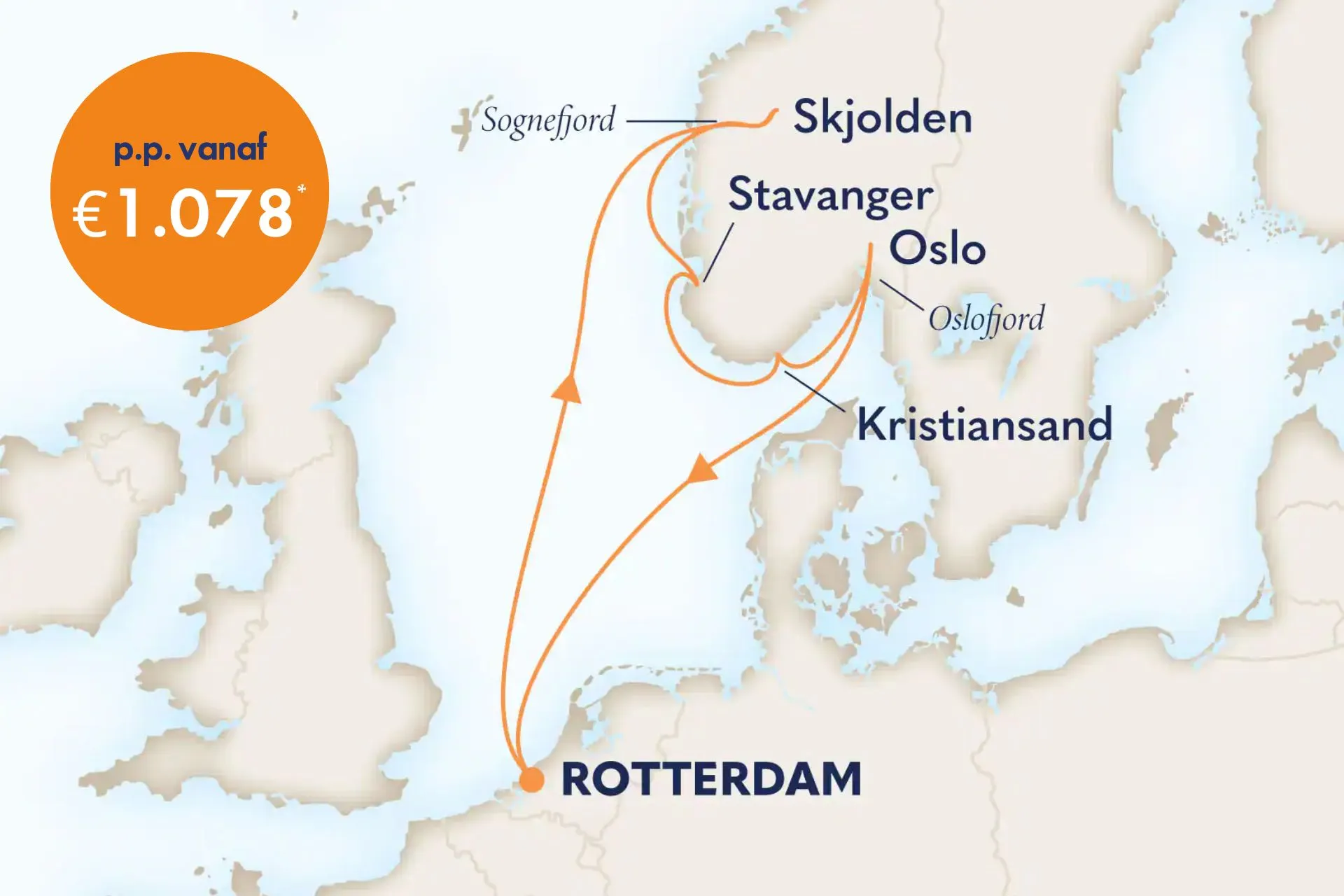 Cruise van Rotterdam naar de indrukwekkende Sognefjord met stops in Skjolden, Stavanger, Kristiansand en Oslo.