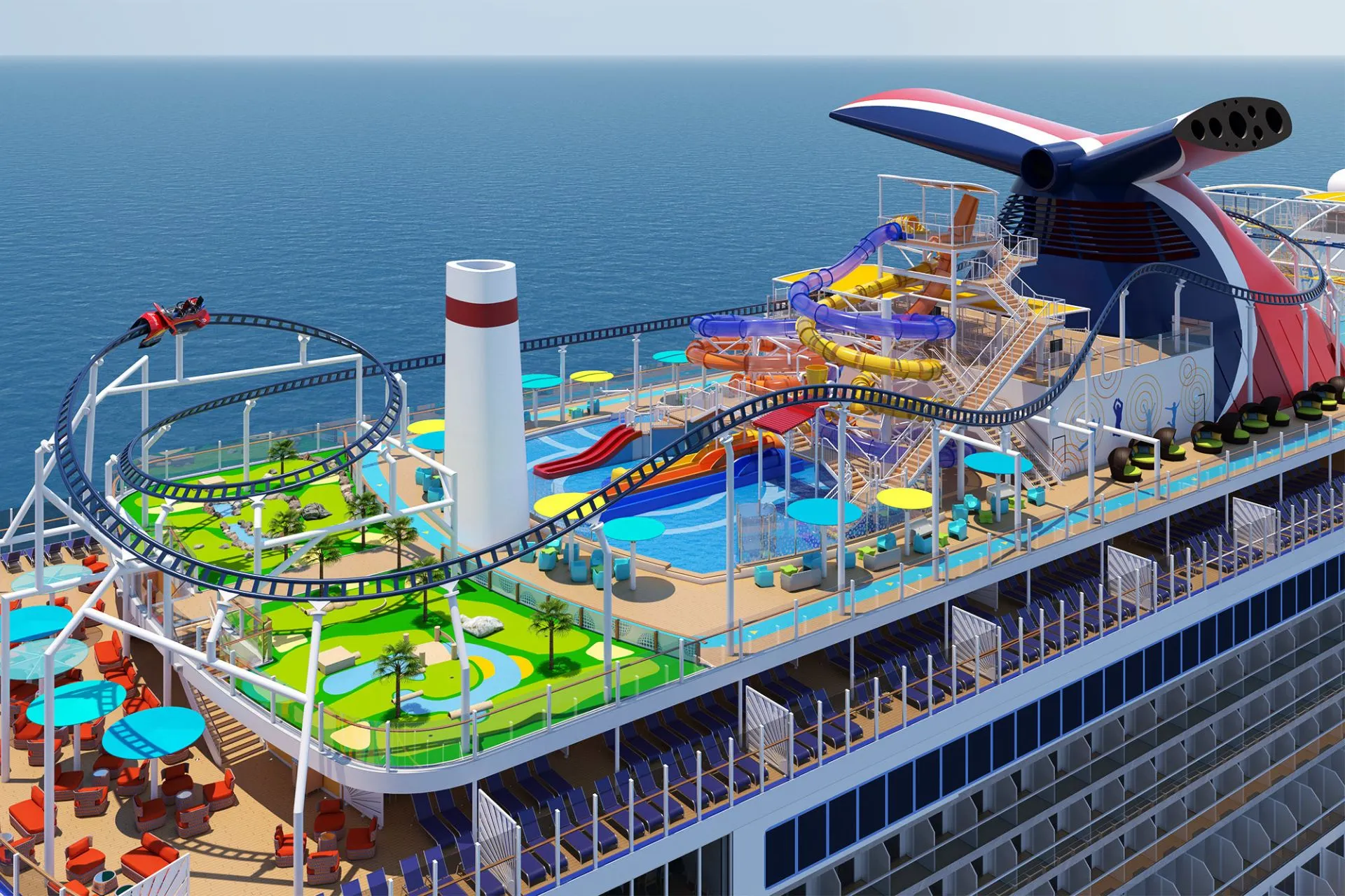 Bovendek van een modern Carnival Cruises schip met BOLT‑achtbaan, zwembaden en waterpark, waar entertainment en plezier centraal staan tijdens de cruise
