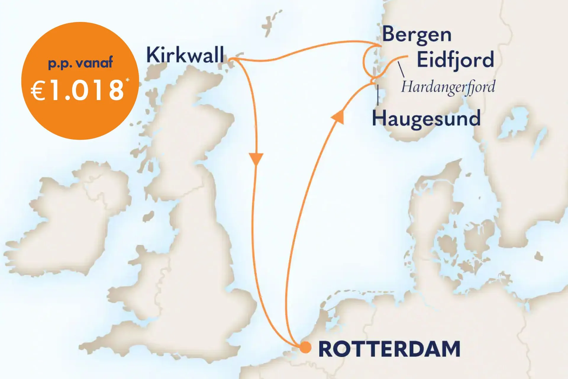 Cruise vanuit Rotterdam naar Haugesund, Eidfjord en Bergen in Noorwegen, en een bezoek aan Kirkwall op de Orkney-eilanden bij Schotland