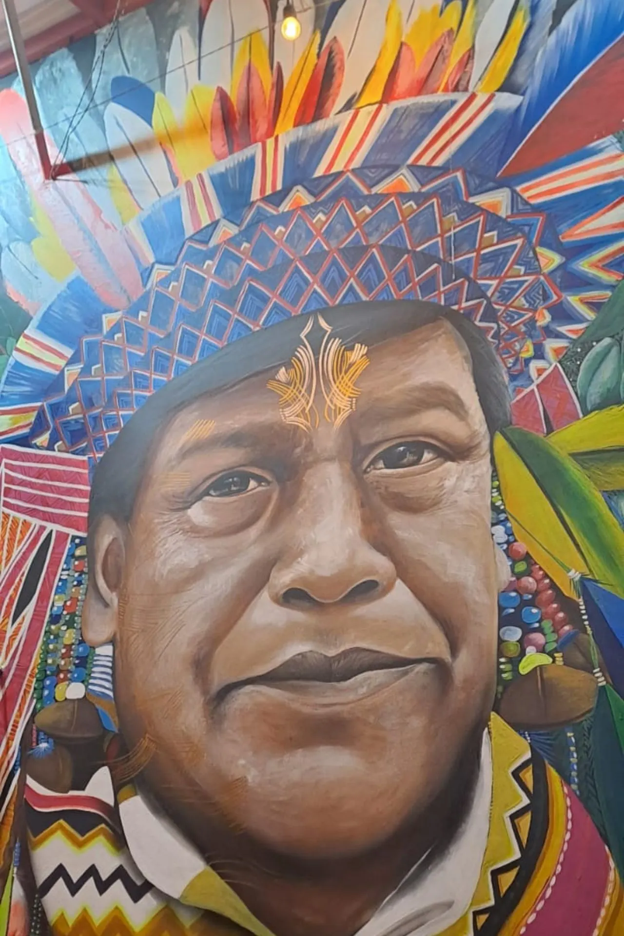 Kleurrijke muurschildering van een traditioneel inheems hoofdtooi met veren in felle tinten rood, geel, blauw en groen, tegen een artistieke achtergrond.