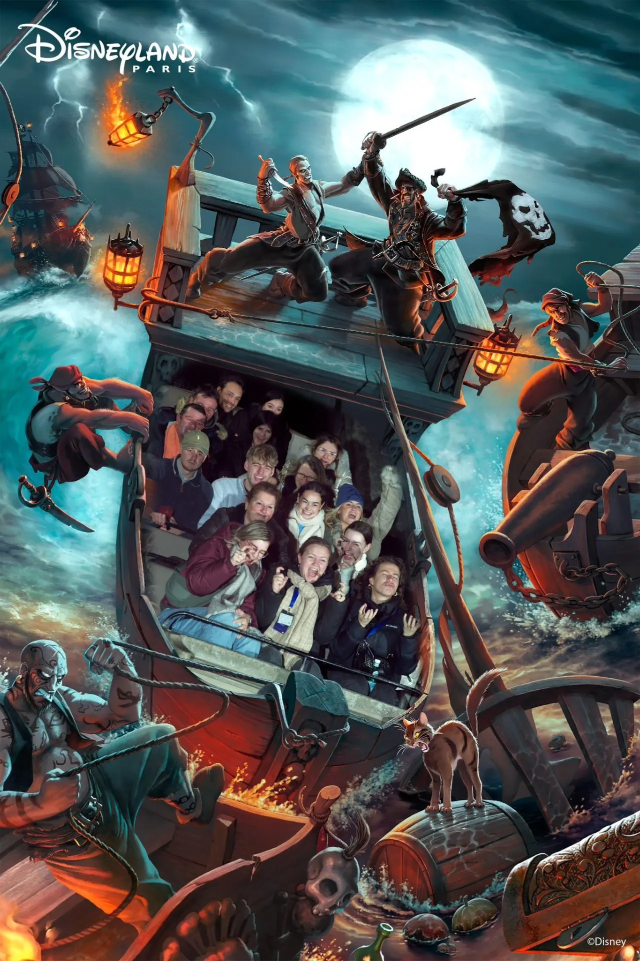 Groep bezoekers in de Pirates of the Caribbean attractie in Disneyland Parijs, gefotografeerd in een piratenschip met spannende decoratie, stormachtige zee en iconische Disney-piraten. Een onvergetelijke ervaring vol avontuur en thematische details.