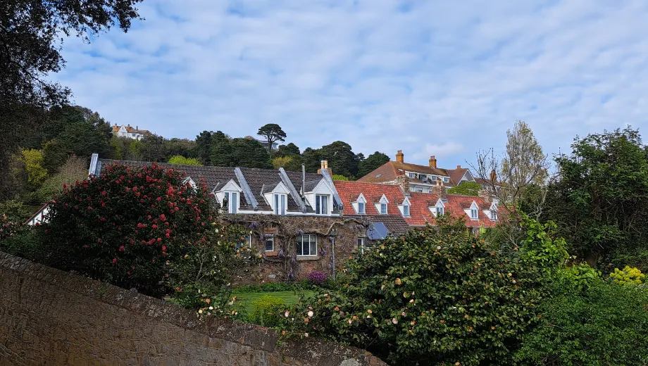 Charmante stenen huizen met rode en grijze daken, omringd door weelderige groene tuinen en bloeiende struiken in een heuvelachtig landschap. Op de achtergrond zijn meer traditionele gebouwen zichtbaar, ingebed in een natuurlijke omgeving met bomen en een heldere blauwe lucht. Deze idyllische locatie straalt rust en authenticiteit uit, ideaal voor liefhebbers van architectuur, natuur en fotografie. Perfect voor toeristen die op zoek zijn naar pittoreske dorpen en historische charme.