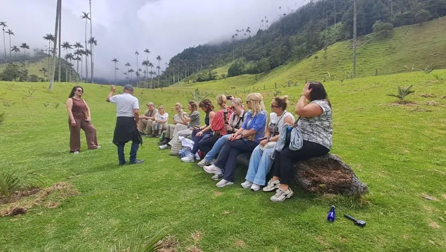 Groep mensen zit op een grote boomstam in een groene vallei met palmbomen en mistige bergen op de achtergrond, terwijl een gids voor hen staat.