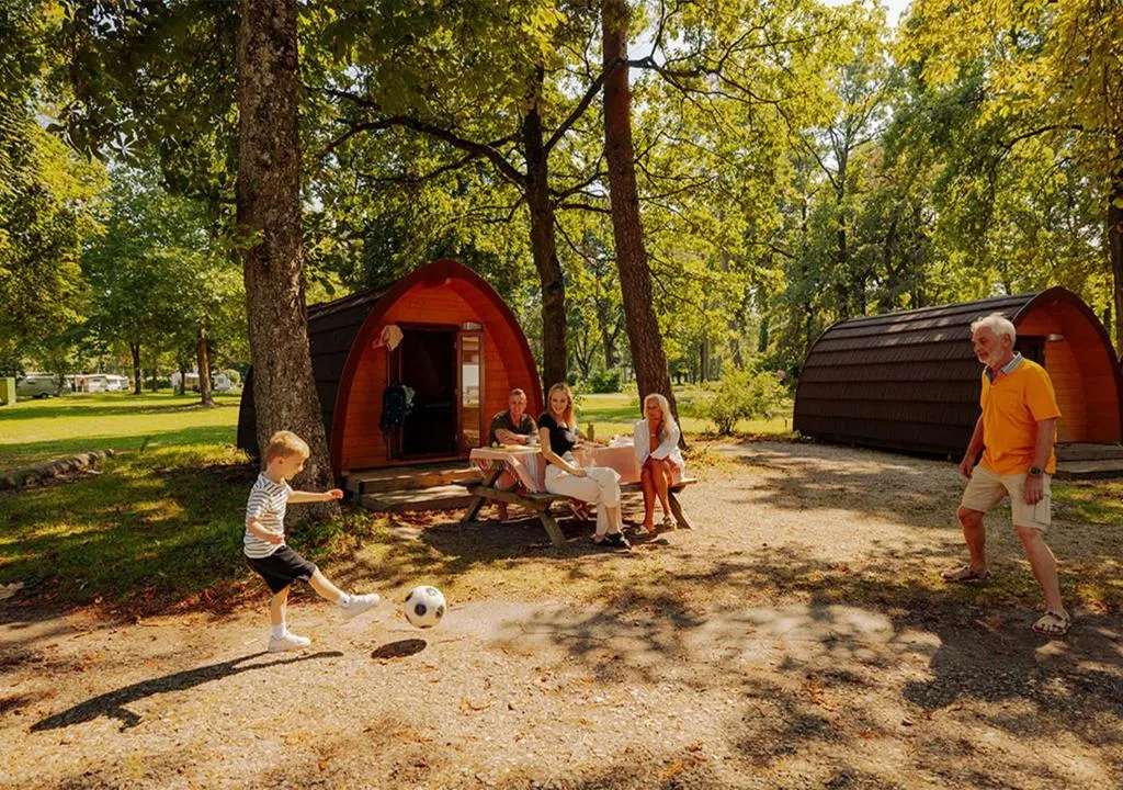 Gezellige familiesfeer op AZUR Waldcamping Auwaldsee in Duitsland, met houten pods tussen groene bomen en kinderen die buiten spelen. Perfecte campingervaring in de natuur.