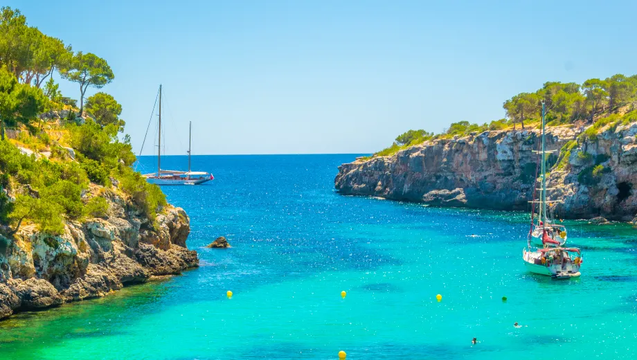 Helder turquoise water in een idyllische baai omringd door rotsachtige kliffen en groene pijnbomen, met zeilboten die rustig dobberen onder een stralend blauwe lucht. Perfecte bestemming voor een zonvakantie, last minute reis of all-inclusive vakantie op een mediterrane locatie zoals Mallorca. Ideaal voor ontspanning, snorkelen en genieten van kristalhelder water en ongerepte natuur. Ontdek voordelige vakantieaanbiedingen, droomstranden en unieke ervaringen voor een onvergetelijke vakantie aan zee.