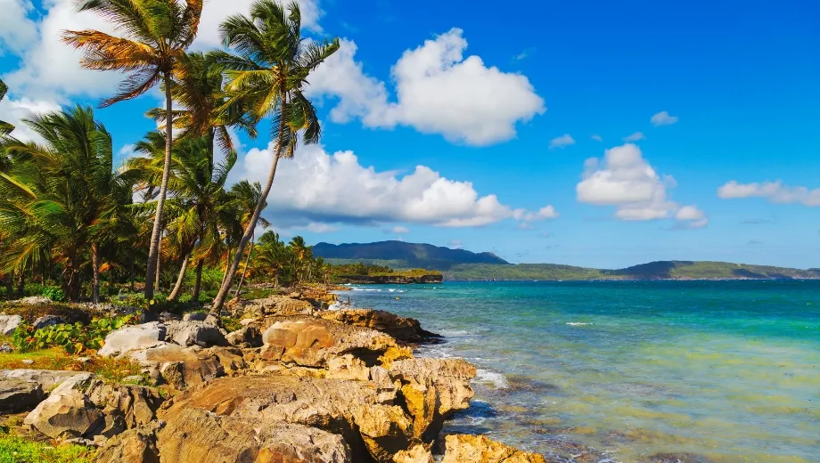 Schiereiland Samaná in de Dominicaanse Republiek met helder turquoise water, rotsachtige kust en weelderige palmbomen.