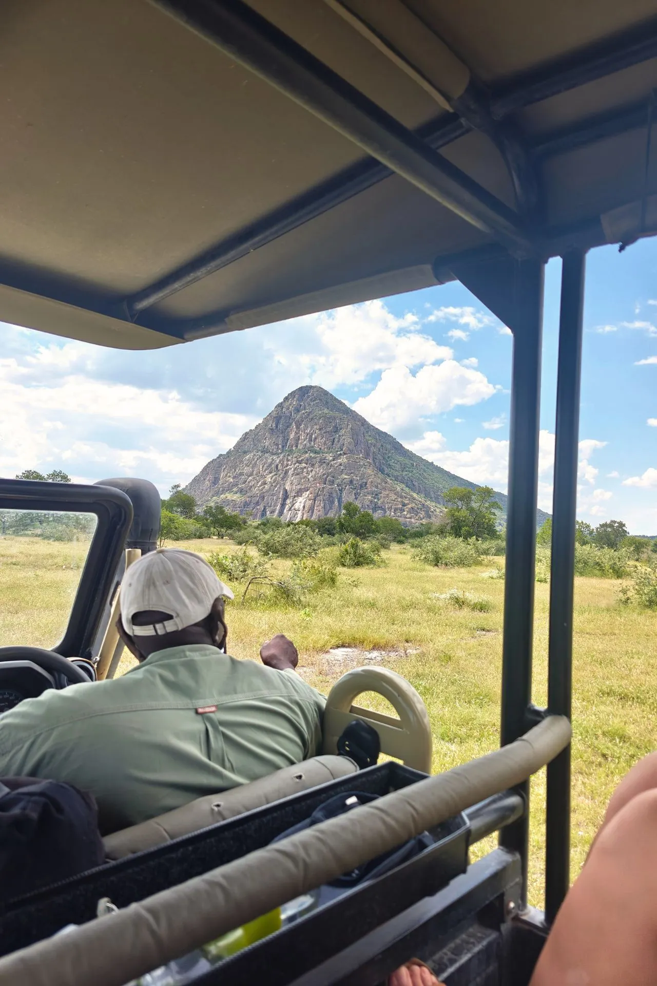 Uitzicht vanuit de jeep in Tsodilo Hills, met een grote berg op de achtergrond