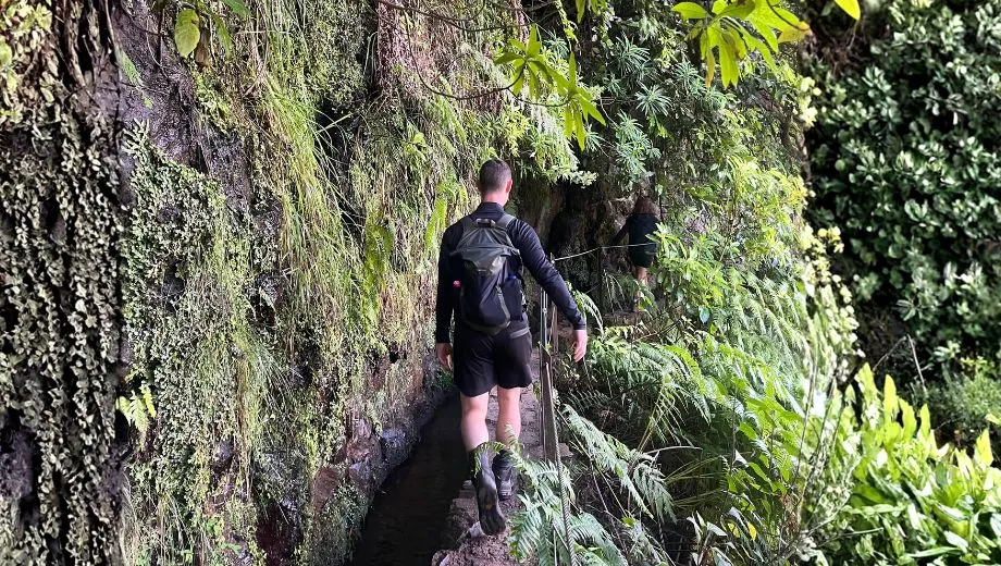 Persoon wandelt langs een smal pad naast een levada (irrigatiekanaal) in een groene, bergachtige omgeving met veel varens en mos op de rotswand.