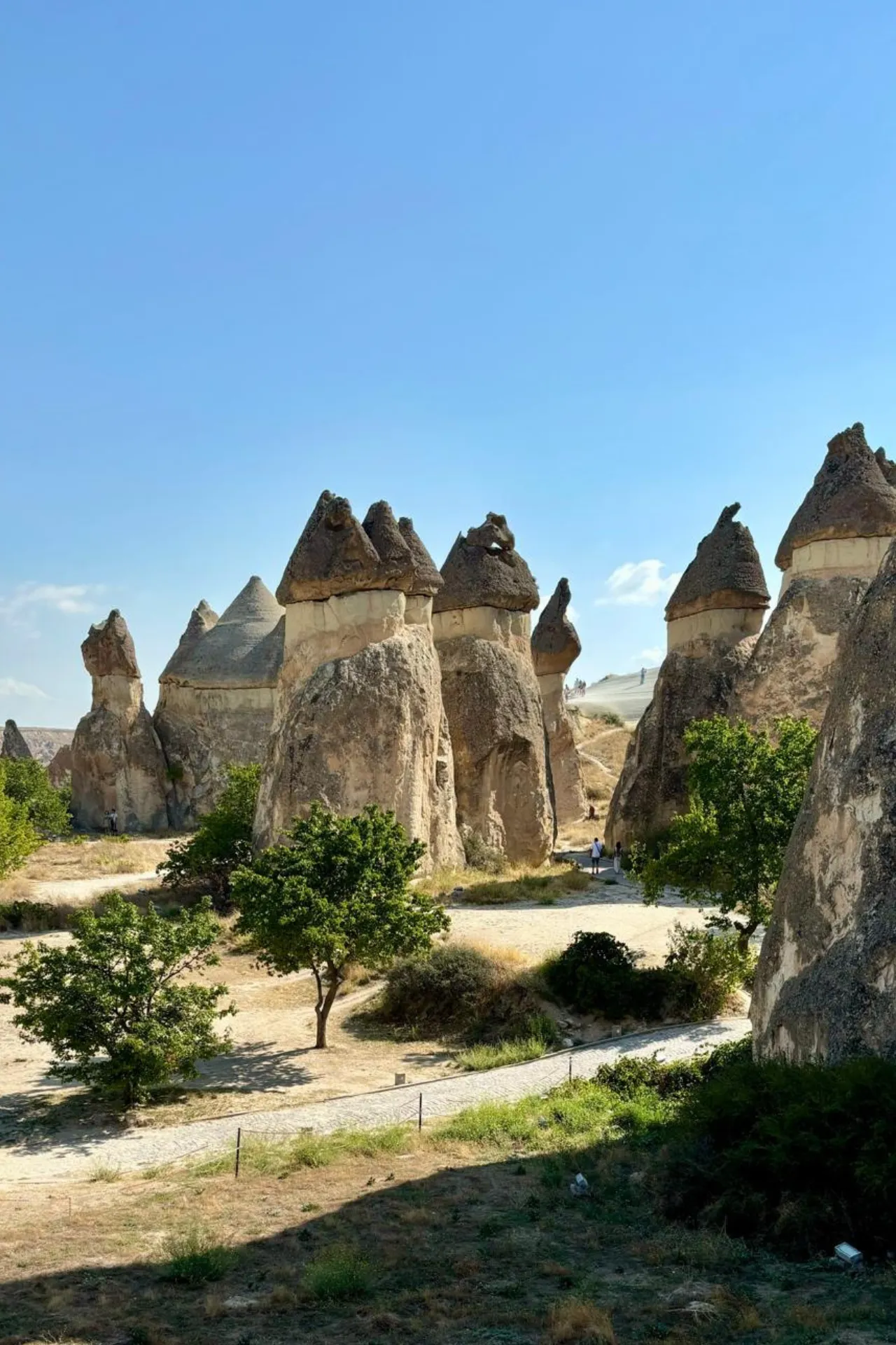 Unieke rotsformaties in Cappadocië, Turkije, bekend als de beroemde ‘fairy chimneys’, gelegen in een droog en heuvelachtig landschap onder een heldere blauwe lucht. De grillige, natuurlijke pilaren van vulkanisch gesteente vormen een spectaculair decor dat populair is bij reizigers en fotografen. Perfecte bestemming voor het ontdekken van historische grotwoningen, ballonvaarten en indrukwekkende natuurverschijnselen. Ideaal voor avontuurlijke vakanties en culturele ervaringen in het hart van Anatolië.