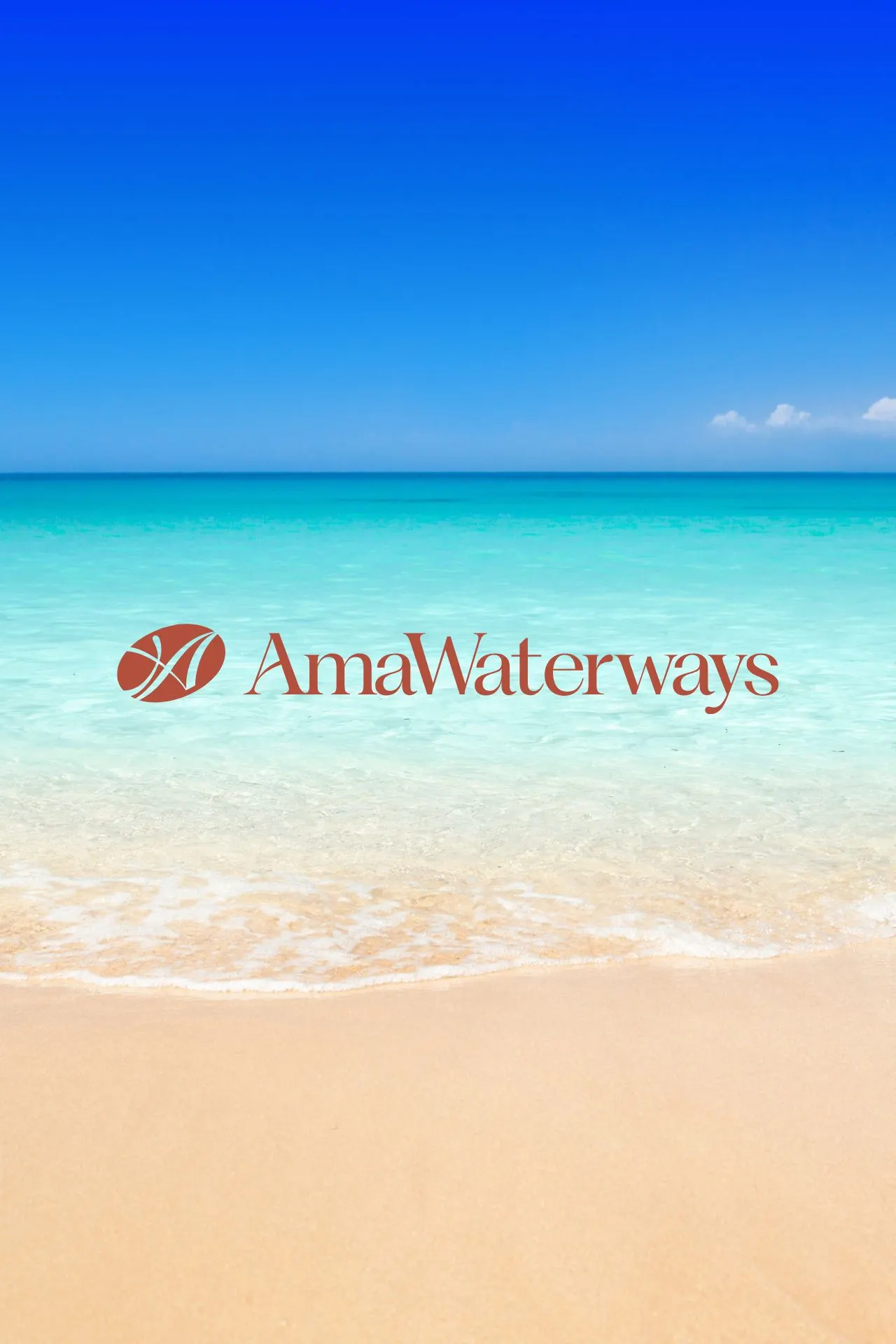 Logo van AmaWaterways voor een turquoise zee met helderblauwe lucht en zacht zandstrand.