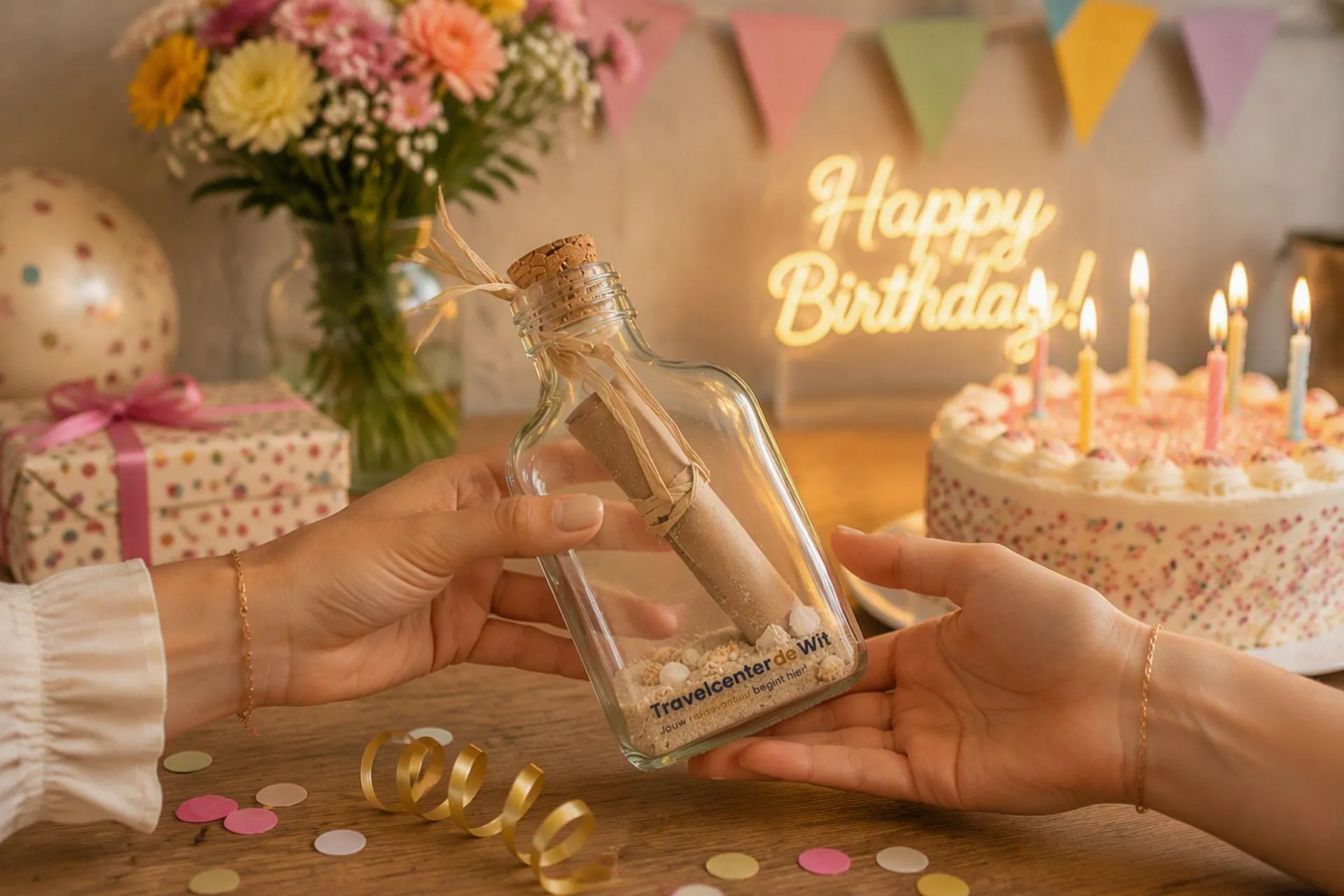 Reischeque van Travelcenter de Wit in een glazen fles met zand en schelpjes, cadeau gegeven tijdens een verjaardag met feestelijke decoratie, cadeautjes en verjaardagstaart op de achtergrond. Een origineel verjaardagscadeau voor iedereen die droomt van een vakantie, stedentrip of verre reis.