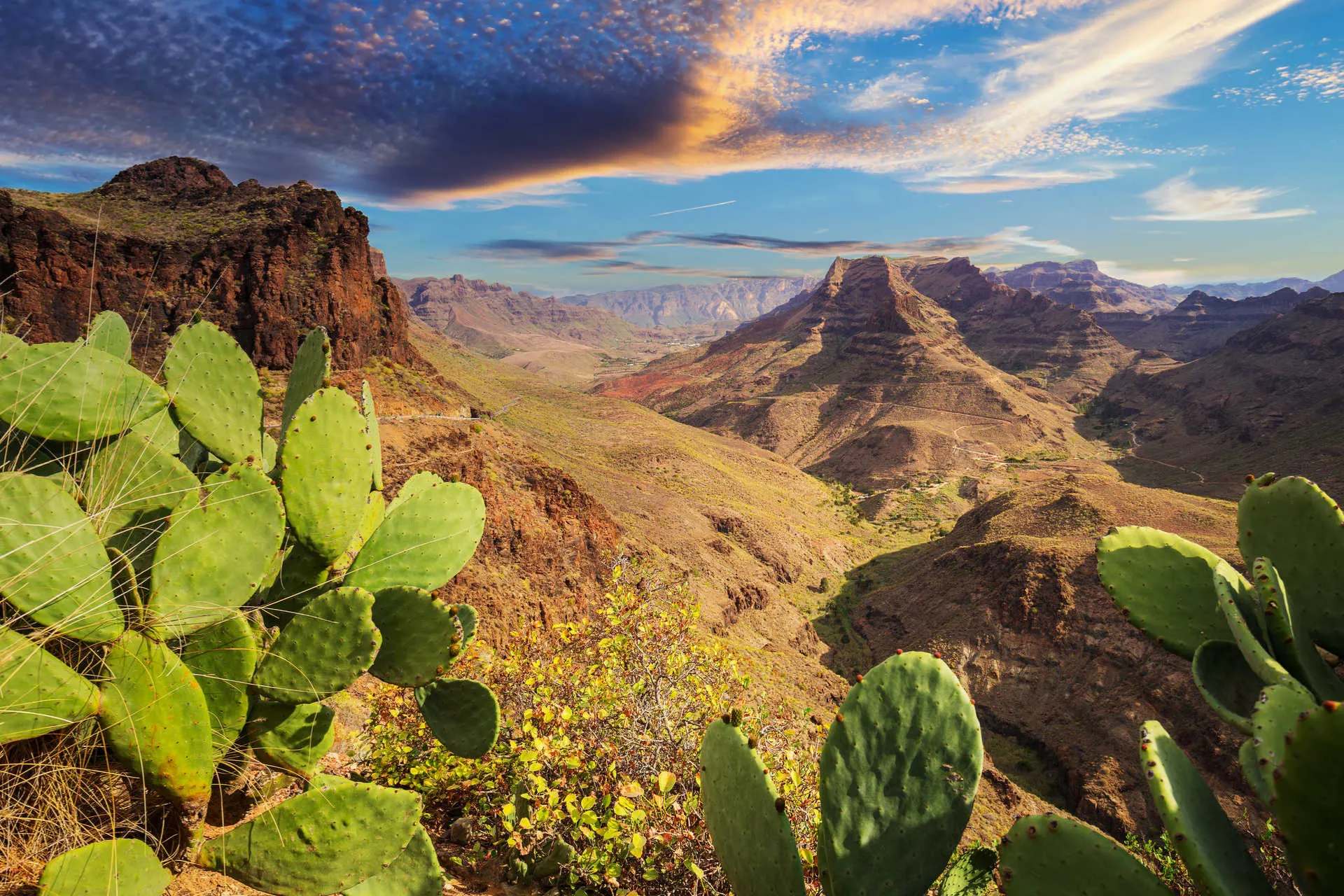 Uitzicht vanaf een berg op Gran Canaria met andere bergen in de verte en cactussen op de voorgrond, Canarische Eilanden.