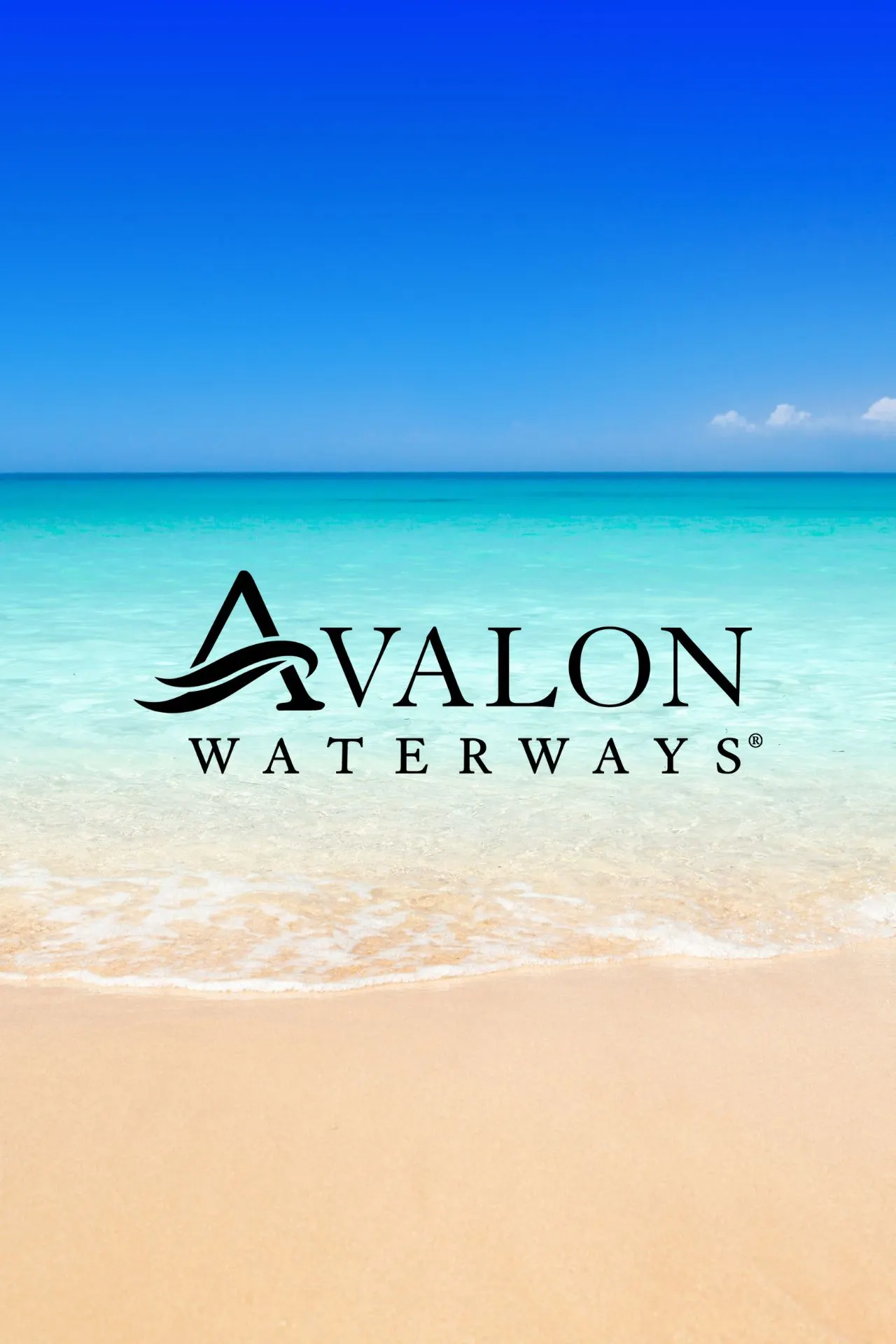 Avalon Waterways logo op een afbeelding met turquoise zee, blauwe lucht en zandstrand.
