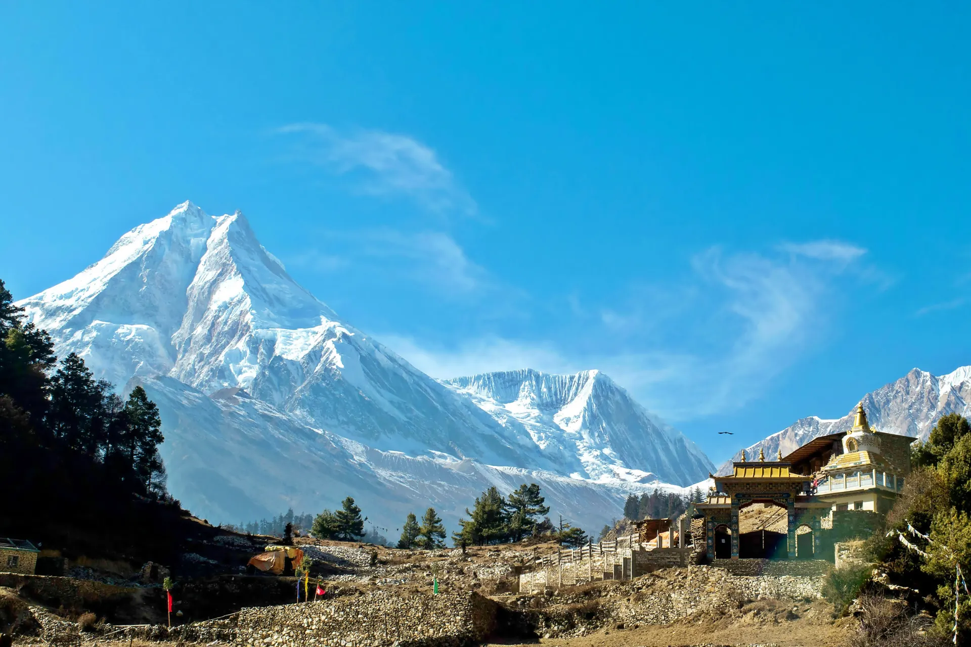 Besneeuwde pieken van de Manaslu-berg in Nepal met een traditioneel boeddhistisch klooster op de voorgrond. Een adembenemend uitzicht voor avontuurlijke trekkers en natuurliefhebbers.