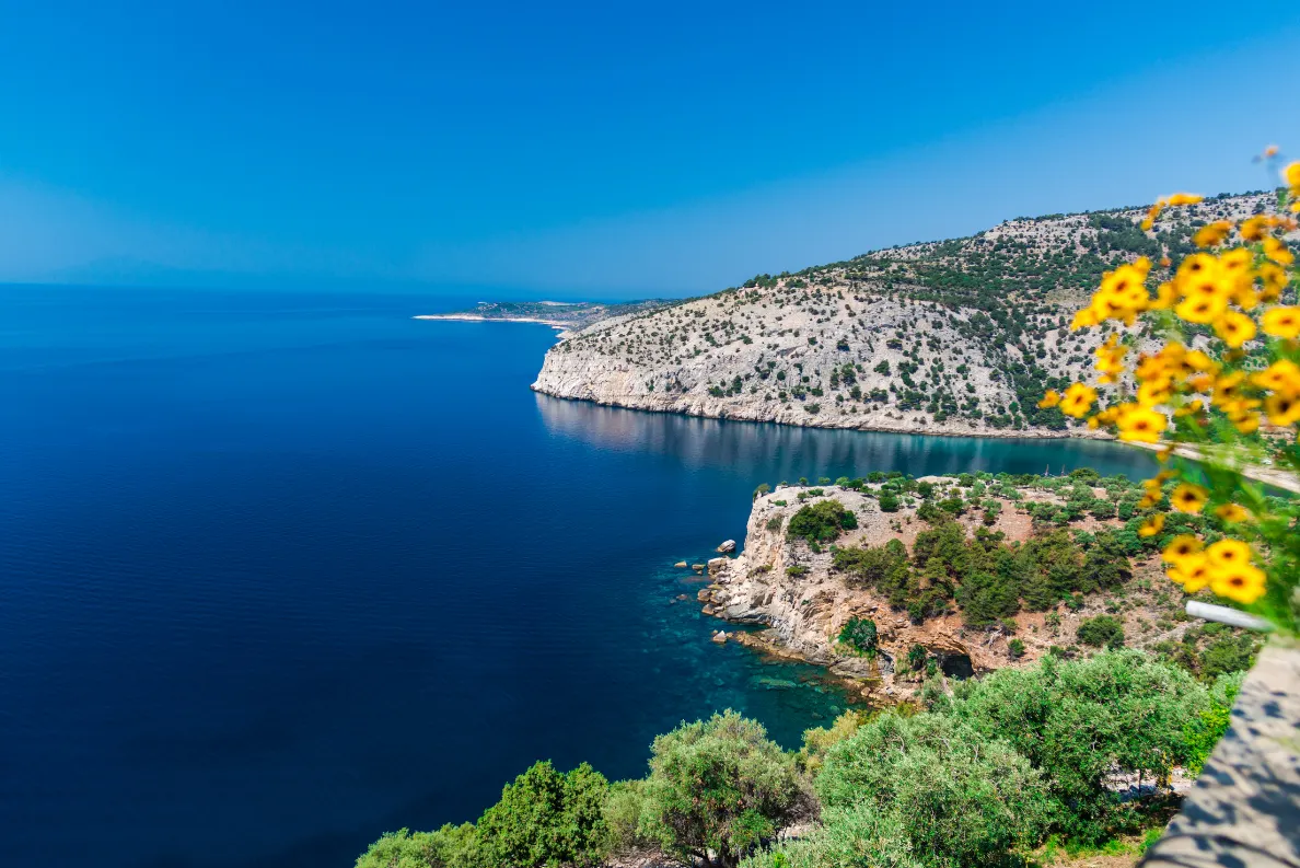 Adembenemend uitzicht op een helderblauwe zee langs een ruige kustlijn met groene heuvels en rotsformaties op een Grieks eiland. Op de voorgrond bloeien gele bloemen die kleur en contrast geven aan het serene landschap. De horizon strekt zich uit onder een stralend blauwe lucht, ideaal voor natuurliefhebbers en rustzoekers. Perfecte bestemming voor een vakantie in Griekenland met ongerepte natuur, kristalhelder water en schilderachtige vergezichten.