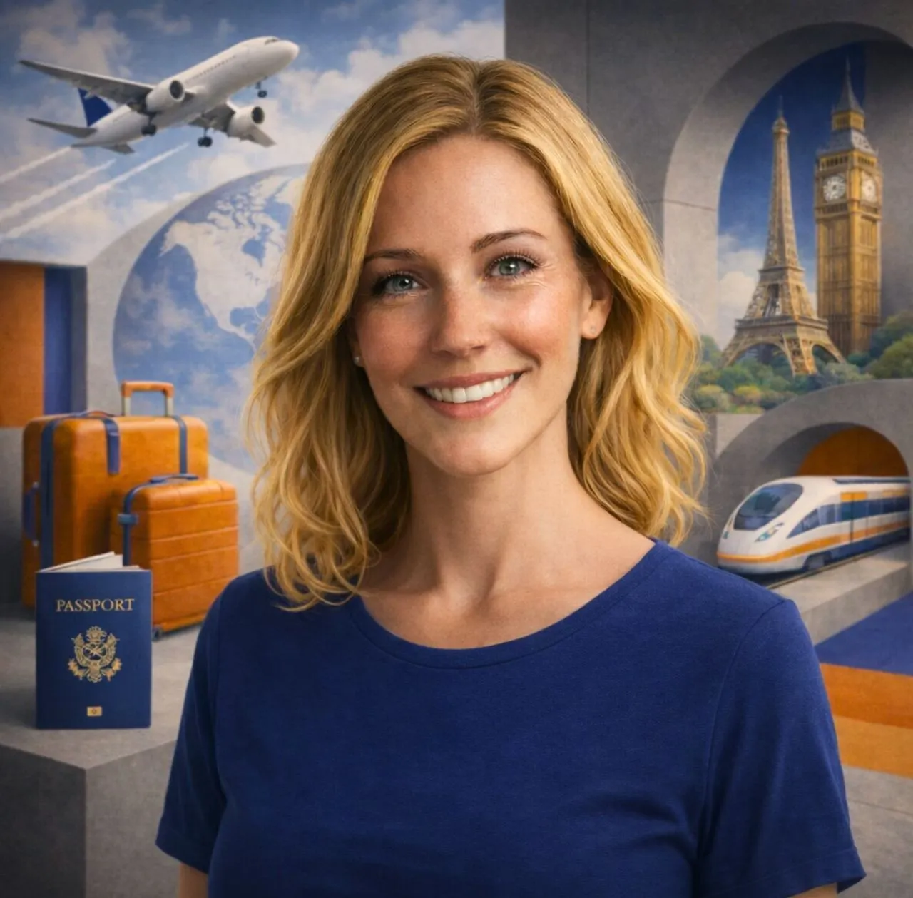 Virtuele reisspecialist Tess de Wit van Travelcenter de Wit staat voor een kleurrijke achtergrond vol reisthema’s, met onder meer een vliegtuig, koffers, een paspoort, de Eiffeltoren, Big Ben en een hogesnelheidstrein. Ze wordt gepresenteerd als het digitale gezicht van het reisbureau: warm, deskundig en inspirerend, altijd klaar om klanten te begeleiden in hun reisplannen.
