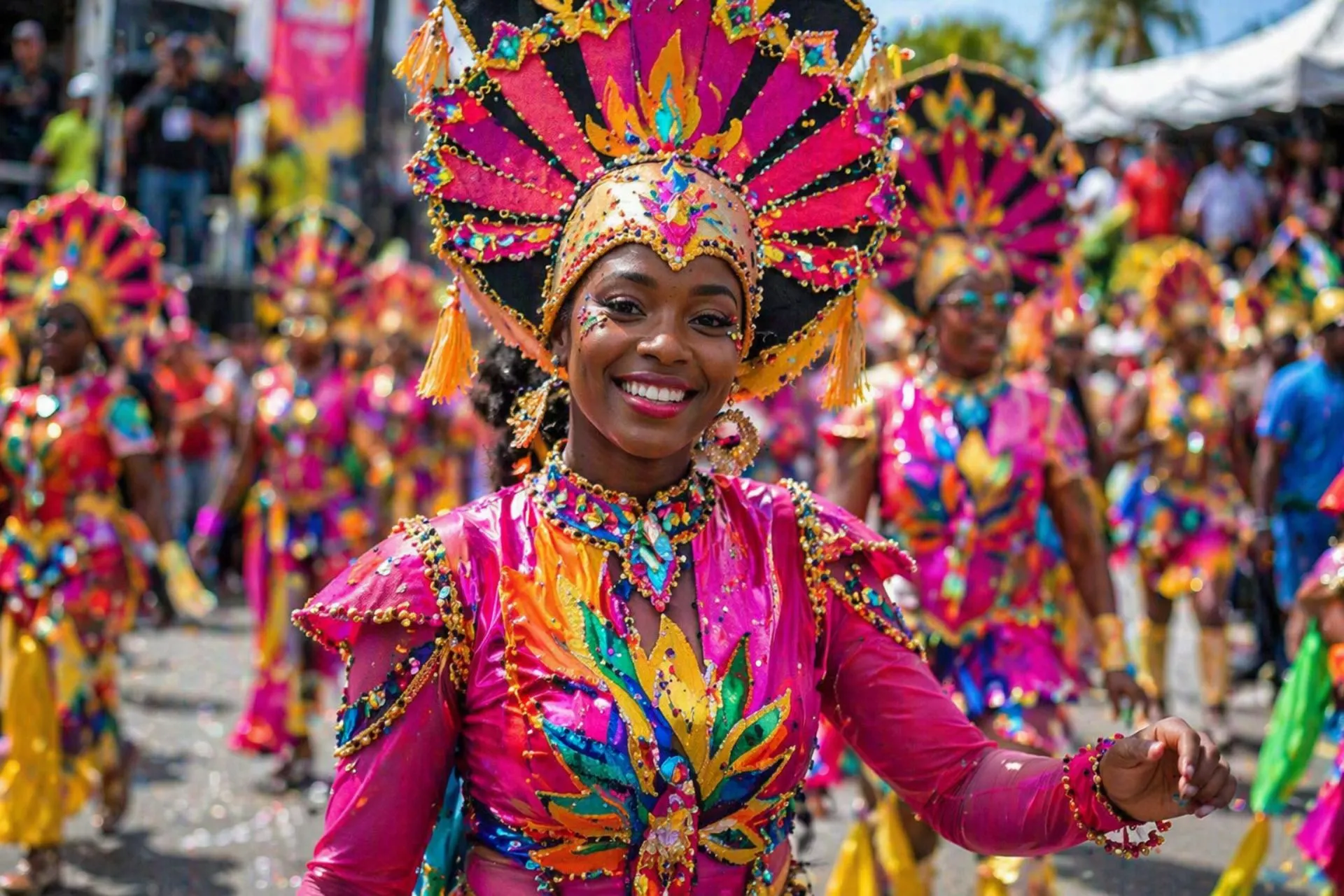 Carnaval op Curaçao met kleurrijke kostuums en dansers tijdens een levendige optocht. Dit feest laat de cultuur, muziek en energie van het eiland goed zien en is een echte belevenis.