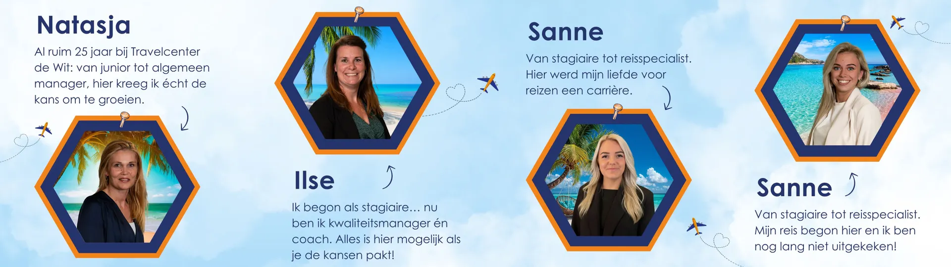 Collage met vier medewerkers van Travelcenter de Wit en hun persoonlijke verhalen over doorgroeimogelijkheden: Natasja vertelt over 25 jaar ervaring van junior tot algemeen manager, Ilse begon als stagiaire en is nu kwaliteitsmanager en coach, Sanne groeide van stagiaire naar reisspecialist en deelt haar liefde voor reizen, en een tweede Sanne beschrijft haar reis van stagiaire tot reisspecialist.