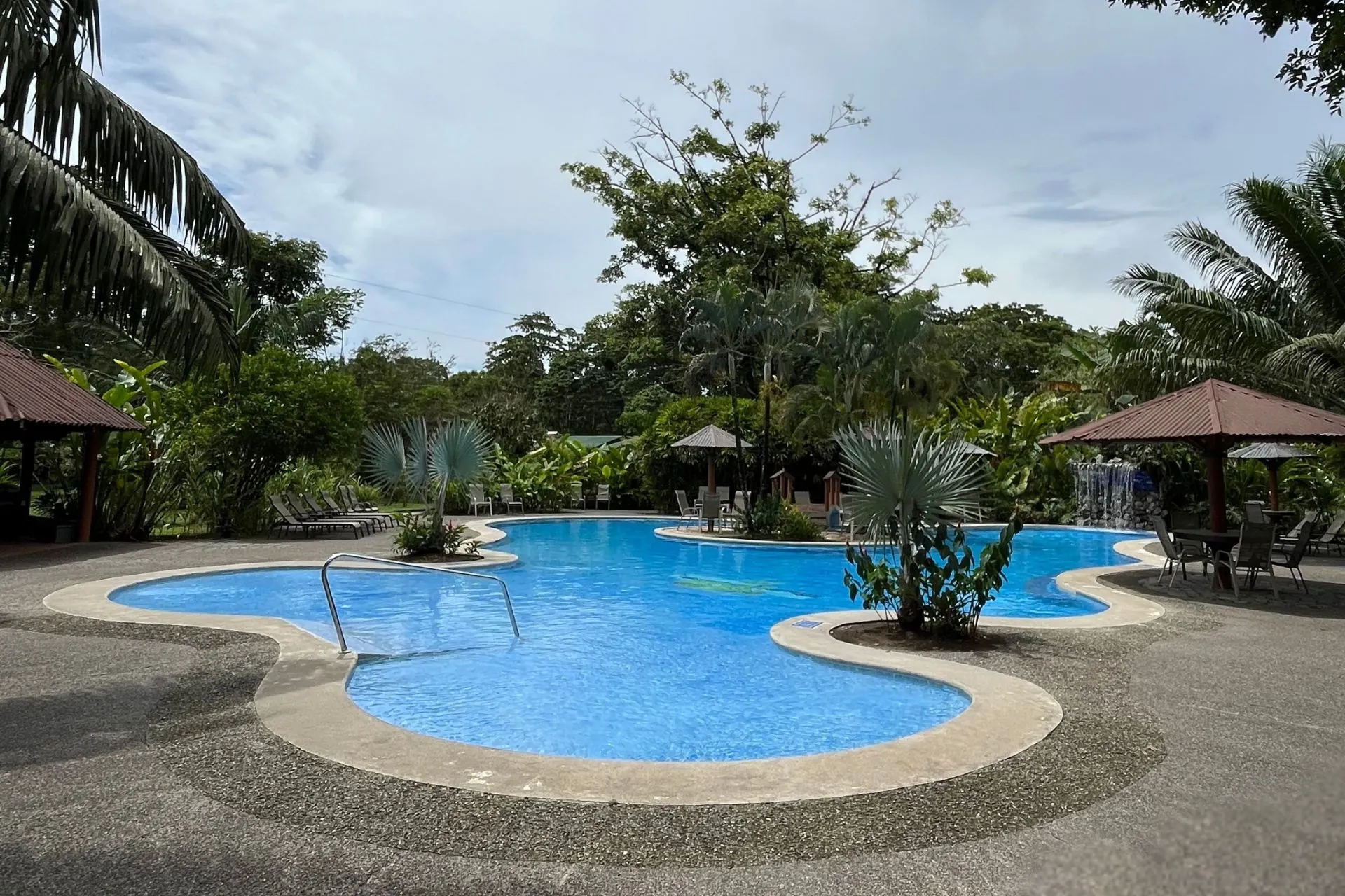 Zwembad van Laguna Lodge in Tortuguero, Costa Rica, omringd door palmbomen en tropische vegetatie. Na een dag vol wildlife- en bootexcursies is dit een heerlijke plek om te ontspannen in de natuur.