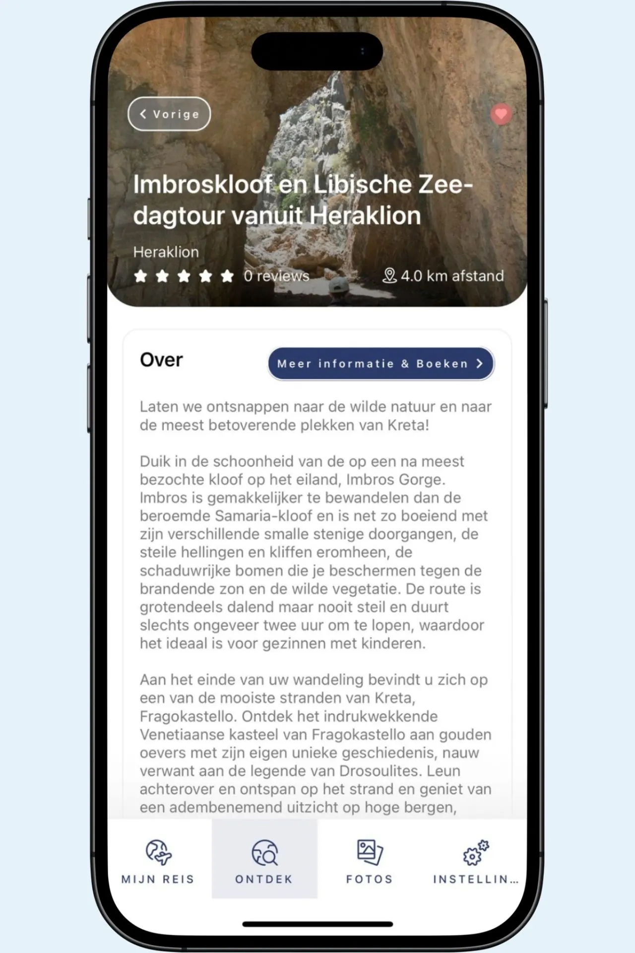 Detailweergave van een excursietip in de Travelcenter app: BaImbroskloof en Libische Zee-dagtour vanuit Hiraklion, met informatie, locatiekaart en mogelijkheid om de excursie te boeken.

