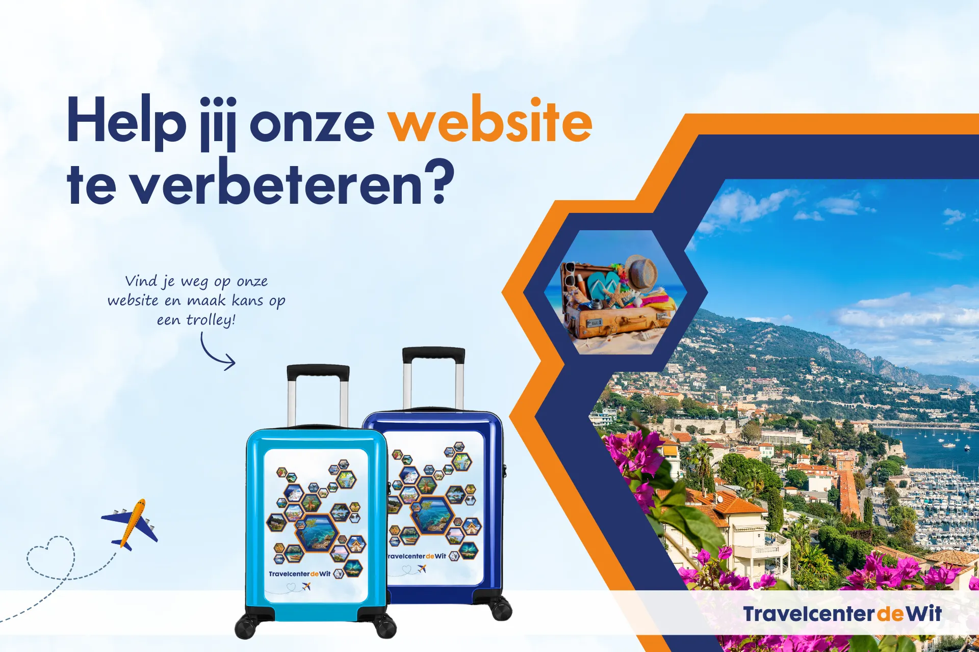 Help jij onze website te verbeteren? Maak kans op een trolley! Sfeervolle afbeelding van Frankrijk aan het water met een fleurige uitstraling.
