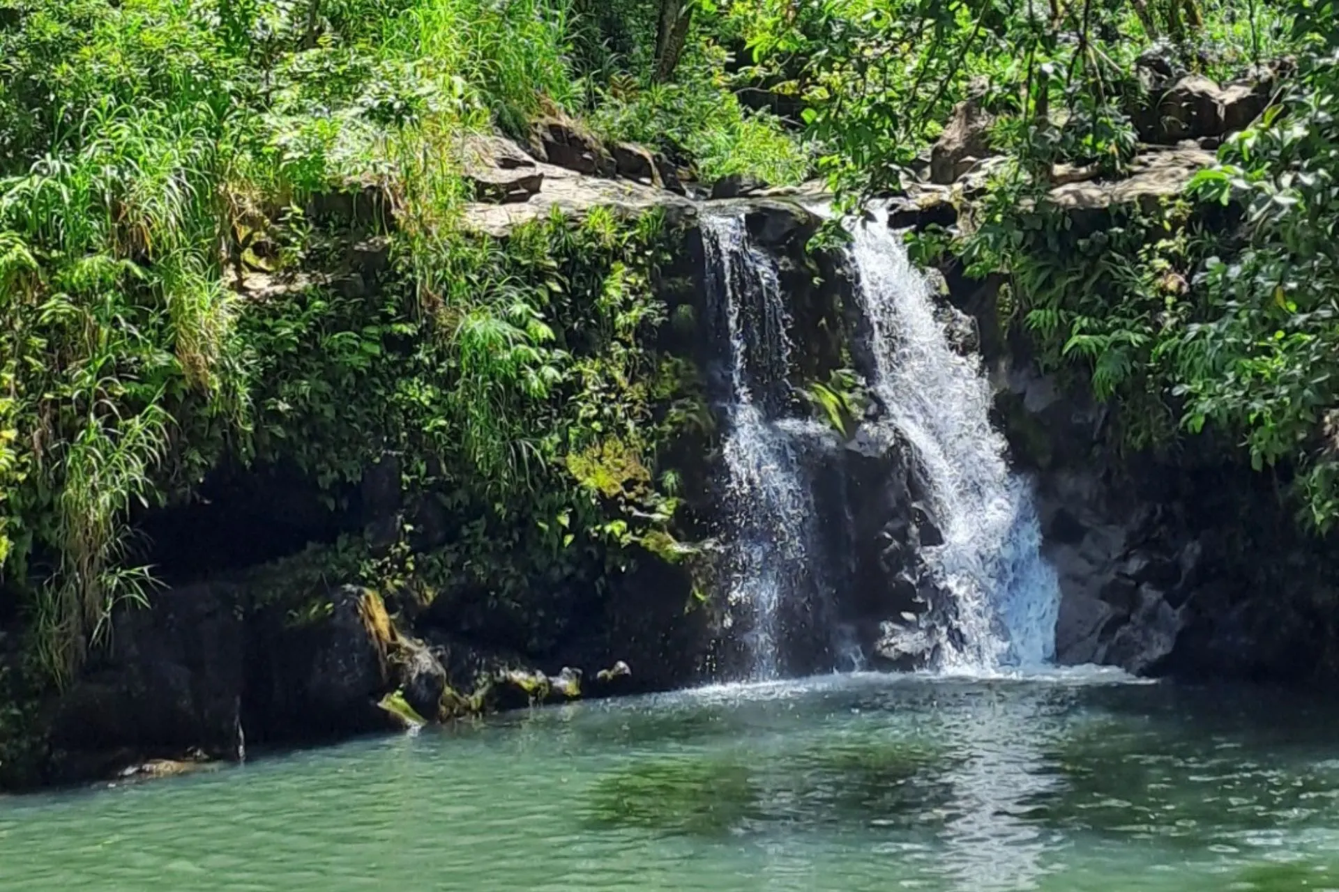 Wailua Falls in Kauai, Hawaii, omgeven door weelderige tropische vegetatie.