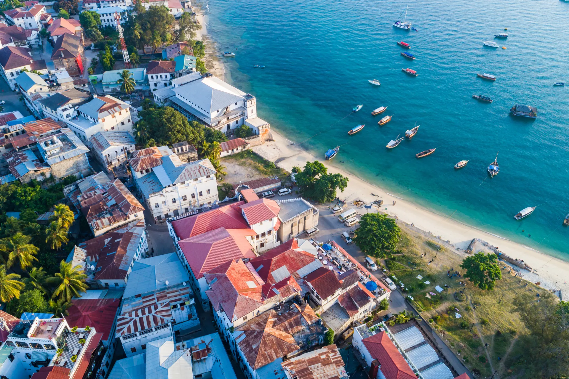 Overzicht van Stone Town op Zanzibar vanaf boven, met kleurrijke huizen langs de kust en vissersboten op het water.