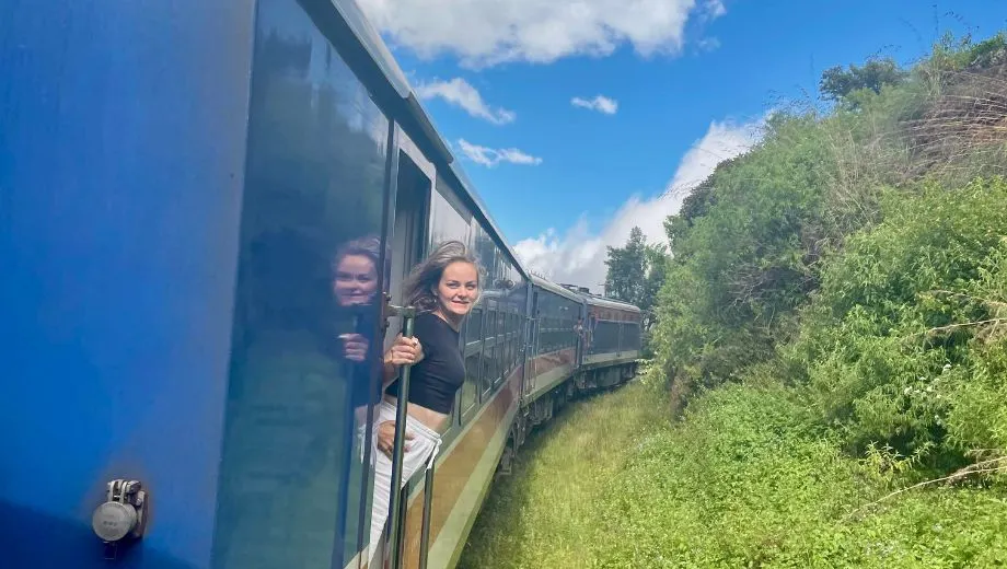 Een jonge vrouw leunt vrolijk uit een open deur van een blauwe trein die een bocht maakt door een weelderig groen landschap. De lucht is helderblauw met enkele witte wolken, en haar reflectie is zichtbaar in het raam naast haar.
