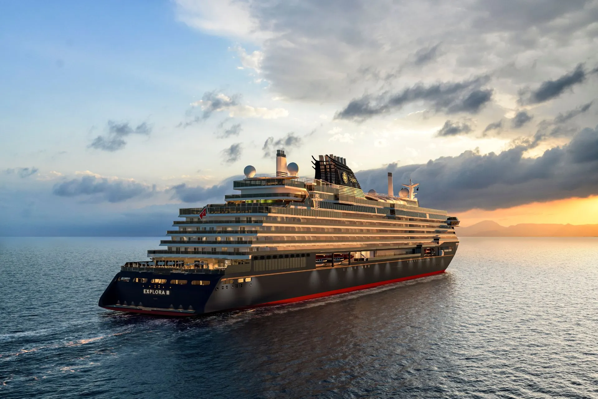 Indrukwekkend luxe cruiseschip dat vaart over een kalme oceaan bij zonsondergang, met een gouden gloed op het water en een dramatische lucht vol wolken. Het schip straalt elegantie en modern design uit, ideaal voor een exclusieve cruisevakantie. Ontdek ultieme ontspanning, culinaire hoogstandjes en wereldklasse service aan boord van dit premium cruiseschip, perfect voor reizigers die comfort en avontuur willen combineren op een onvergetelijke reis. Explora Journeys.