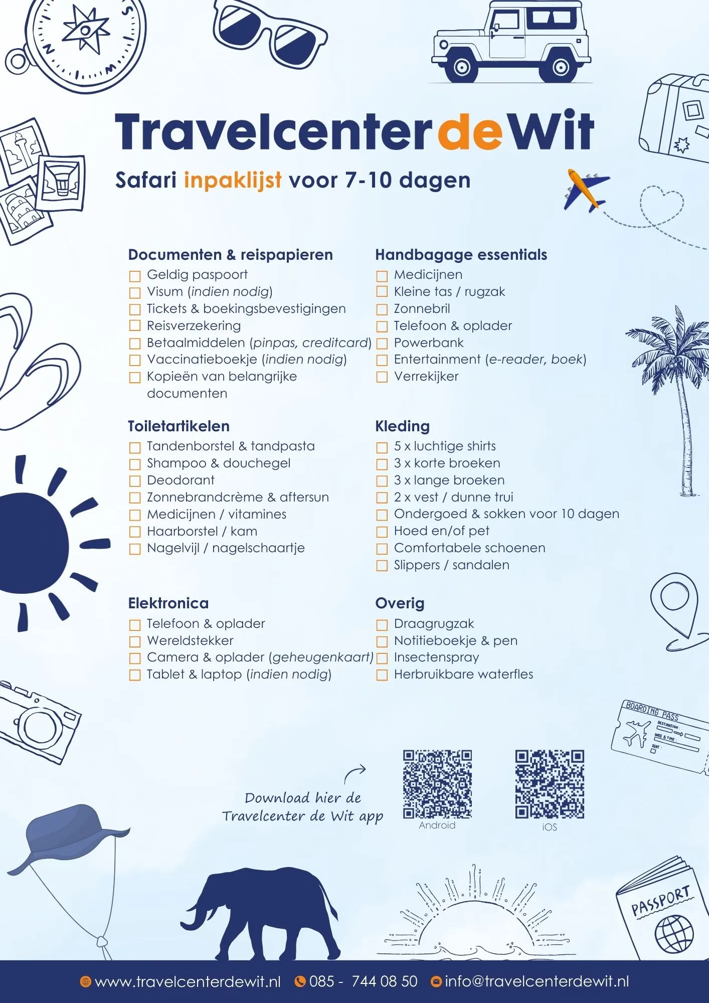 Grafische safari inpaklijst voor een reis van zeven tot tien dagen, ontwikkeld door Travelcenter de Wit. De afbeelding toont een uitgebreide checklist met belangrijke reisdocumenten, vaccinatieboekje, praktische safari kleding, comfortabele schoenen, elektronica en overige benodigdheden zoals verrekijker en insectenspray. Ideaal voor reizigers die goed voorbereid op safari willen gaan in Afrika of andere natuurgebieden en geen essentiële spullen willen missen.