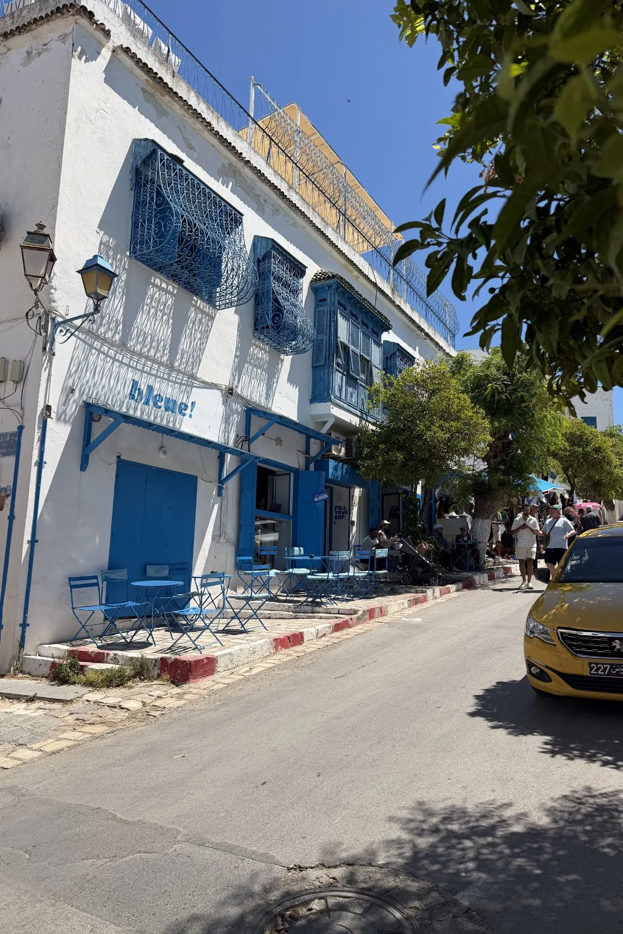 Traditionele straat in La Goulette met wit-blauwe architectuur tijdens een excursie vanuit MSC Meraviglia
